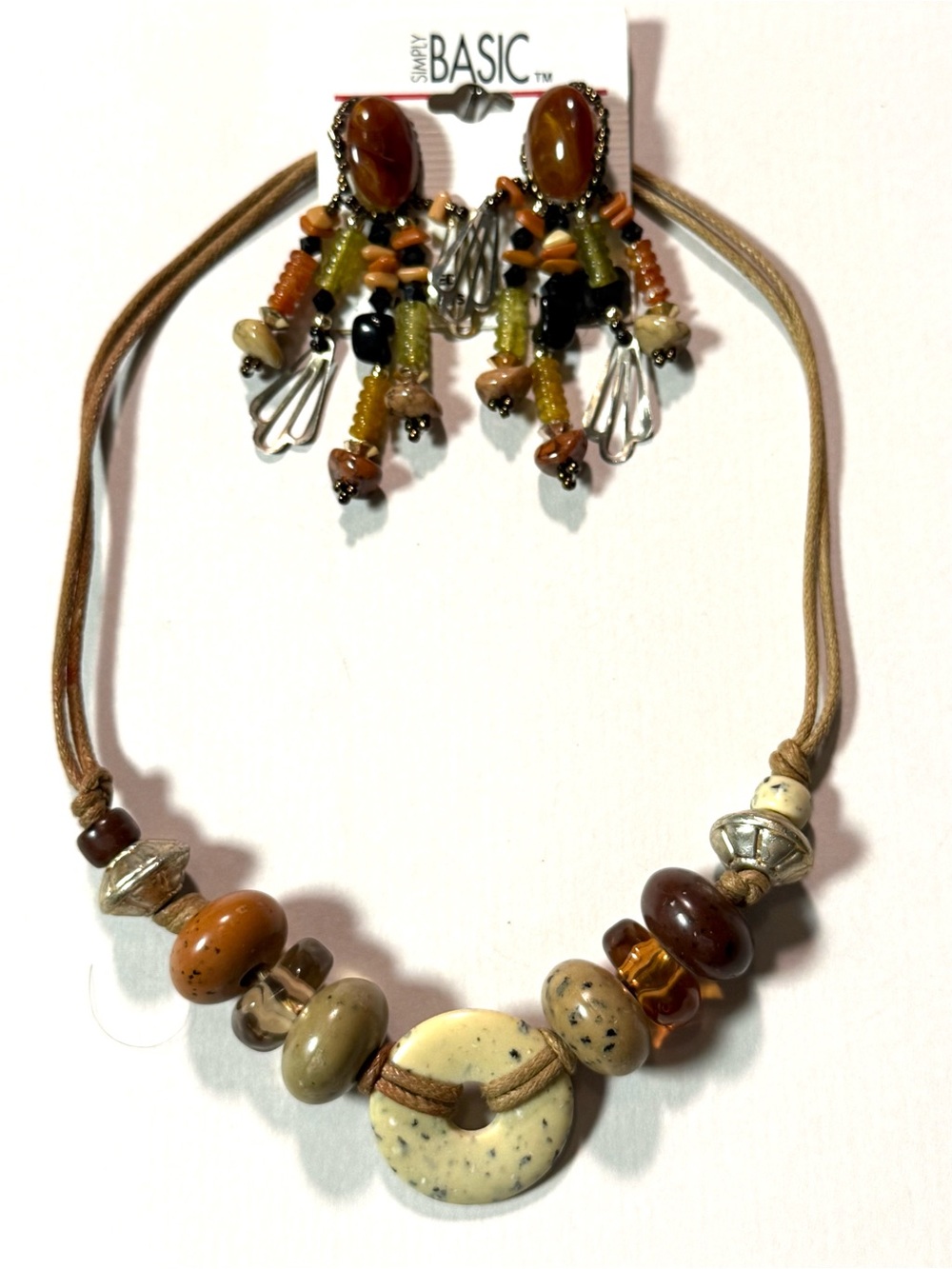 Boho Earth Tone Stone Bead Necklace & Chandelier Earrings Jewelry Lot